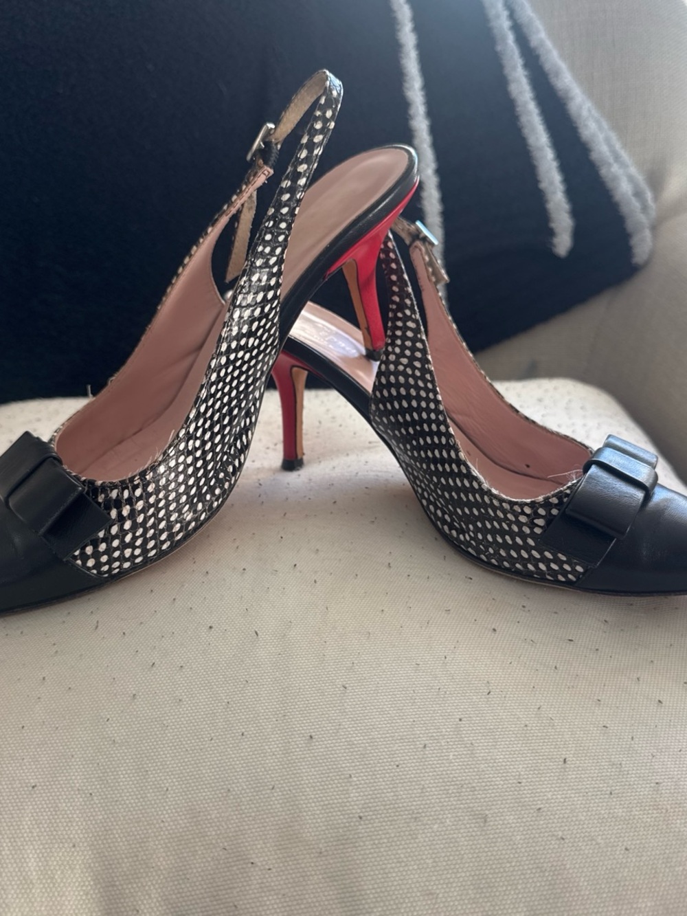 kate spade Black & White Polka Dot Slingback Heels with Red Sole